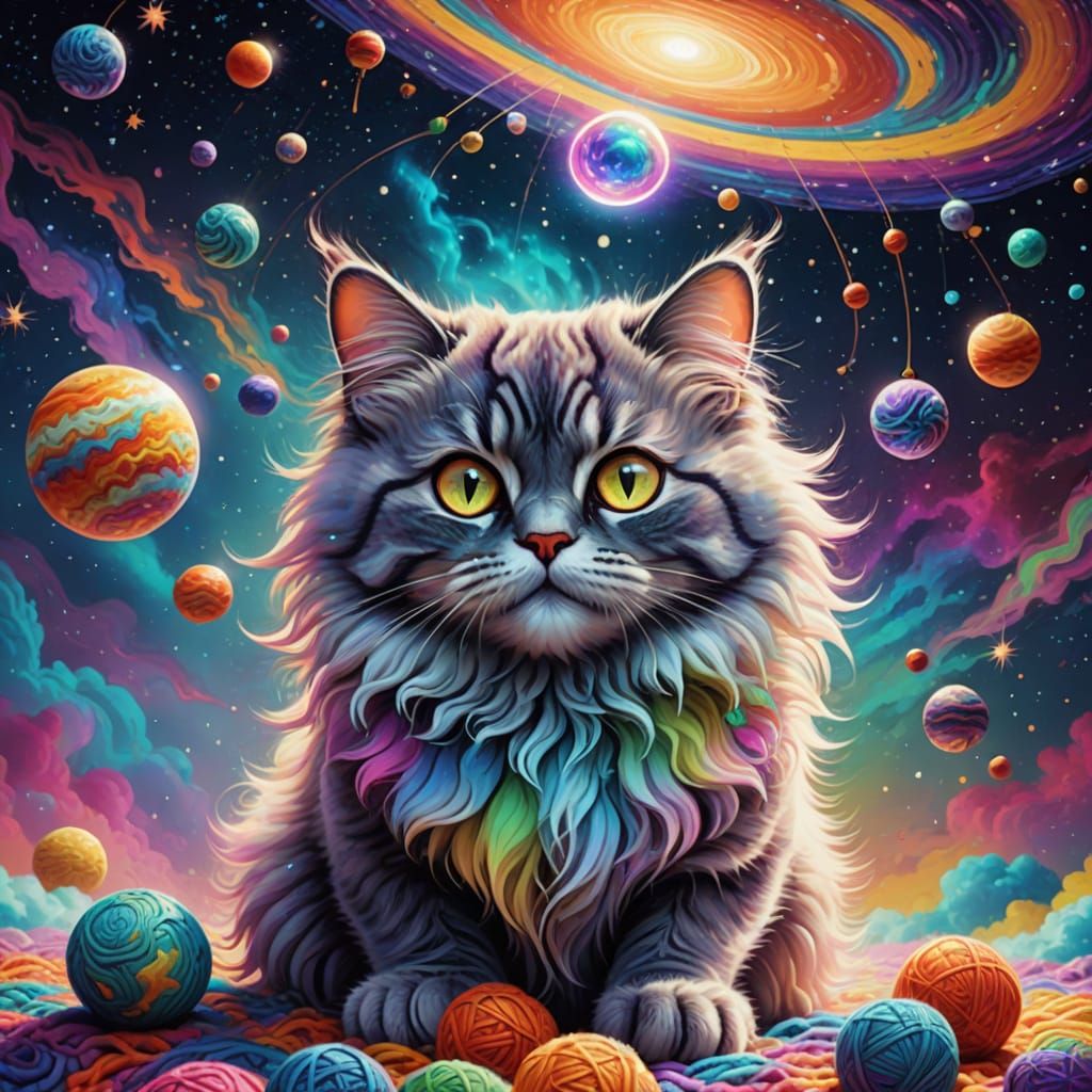 Fluffy Cat Plays With Saturn In Psychedelic Nebula