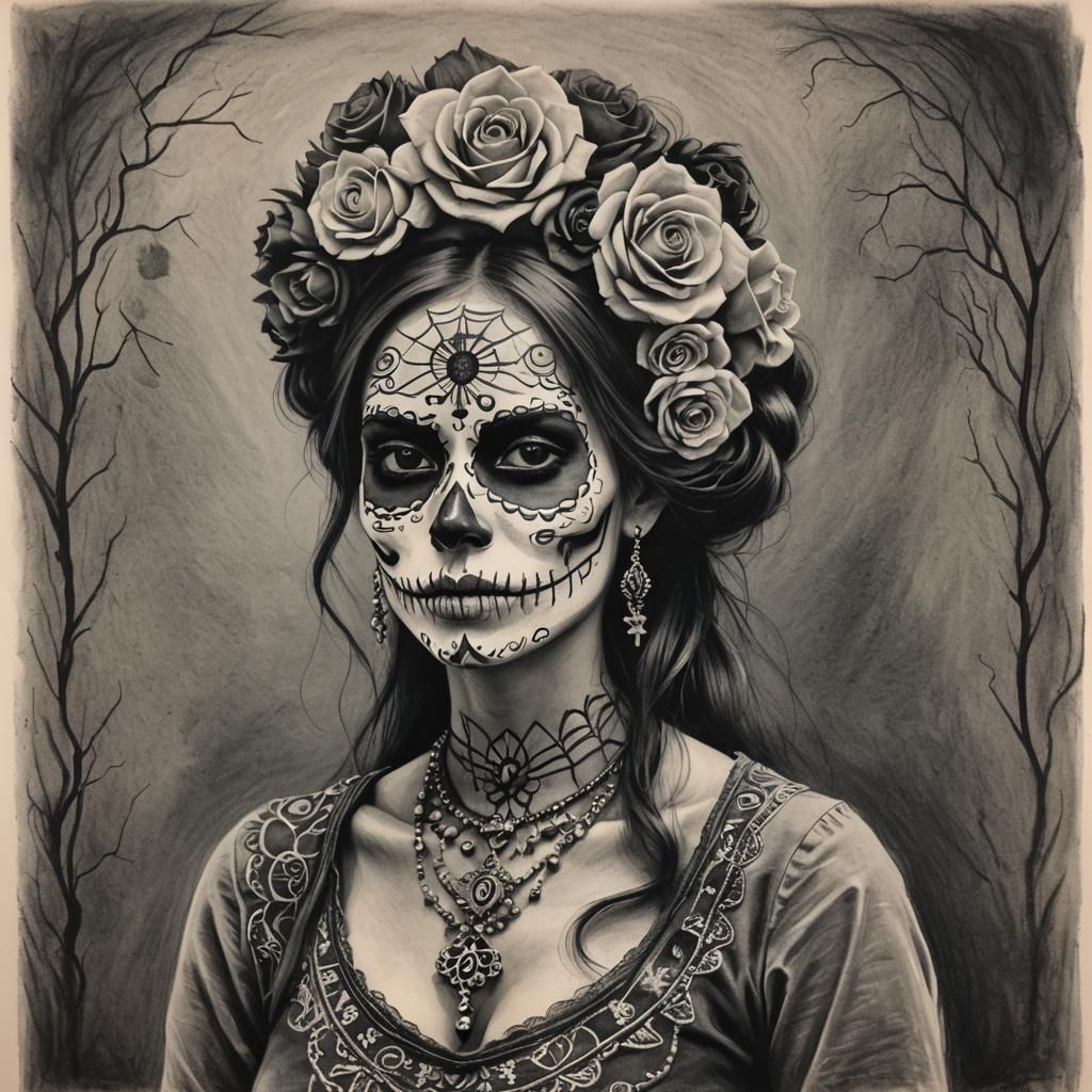 Day of the Dead Woman in Charcoal