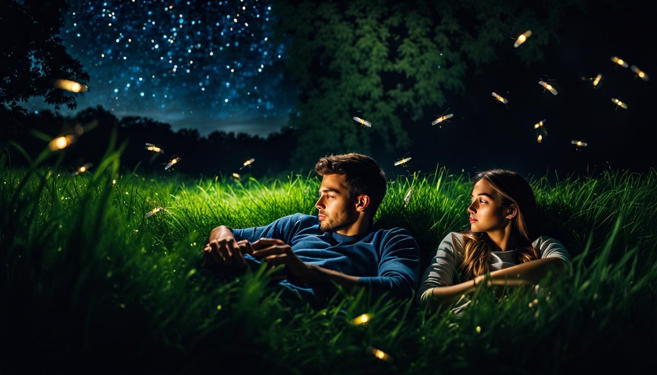 Couple Stargazing in Field with Fireflies at Night