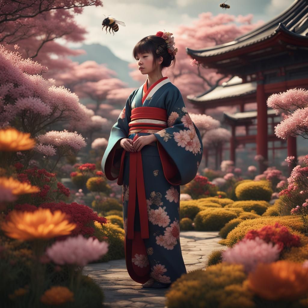Japanese Girl in Flower Garden with Bumble Bees