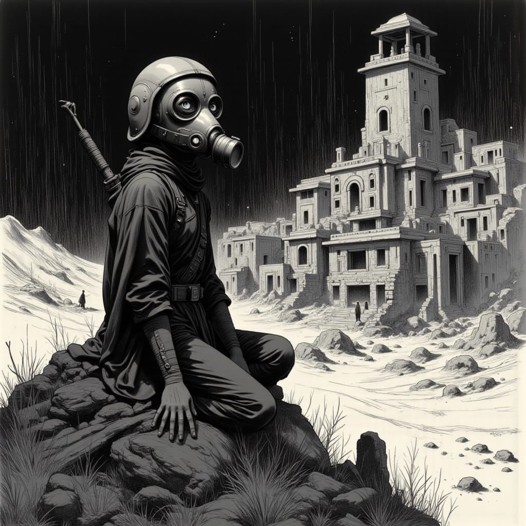 Arrakis Ninja in Black and White Lithograph Style