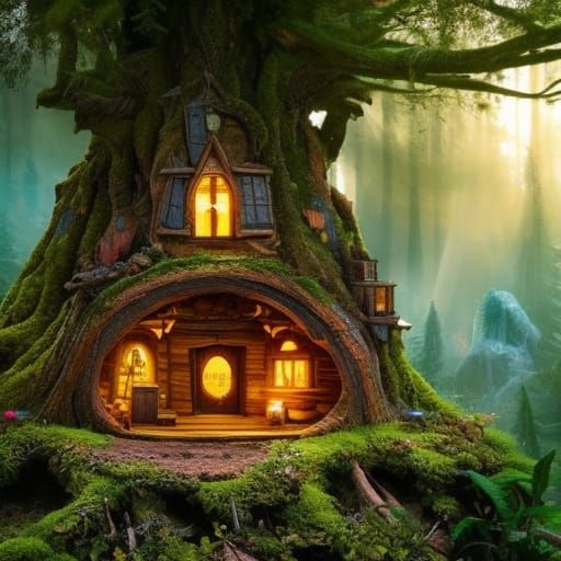 Gnome Home in Tree Stump Digital Painting
