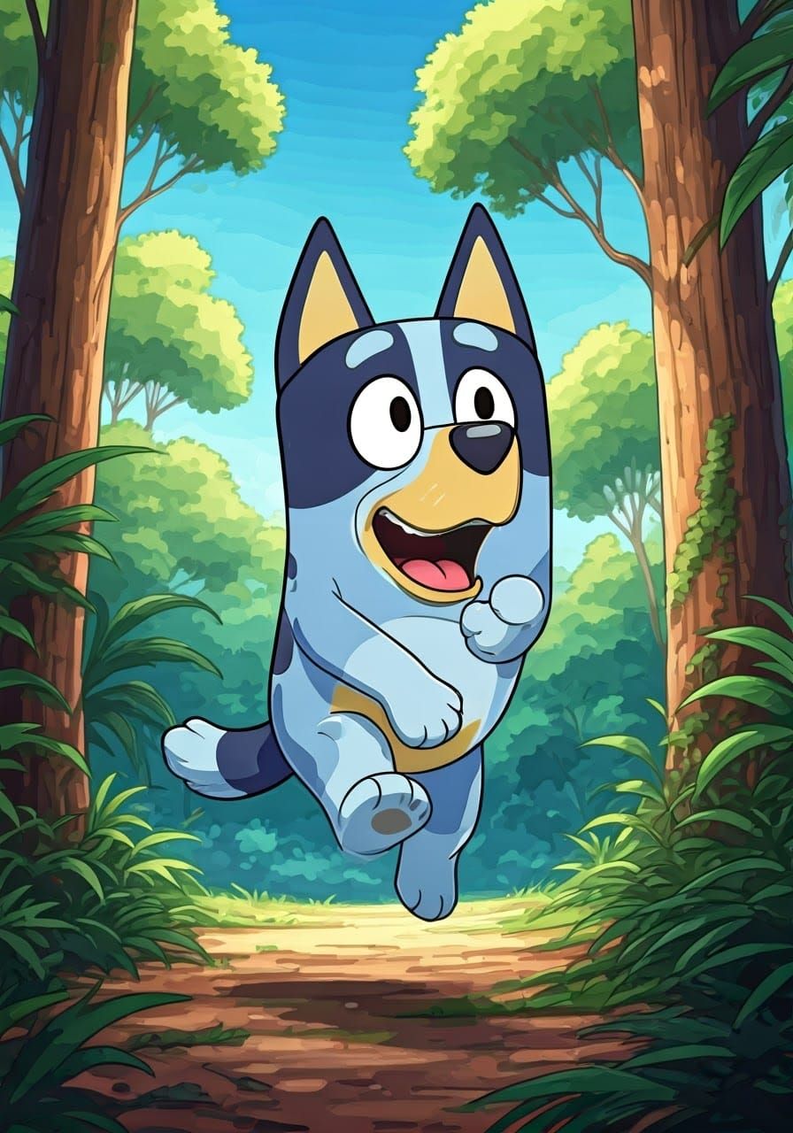 Bluey Leaps Through Australian Bush in Anime Style