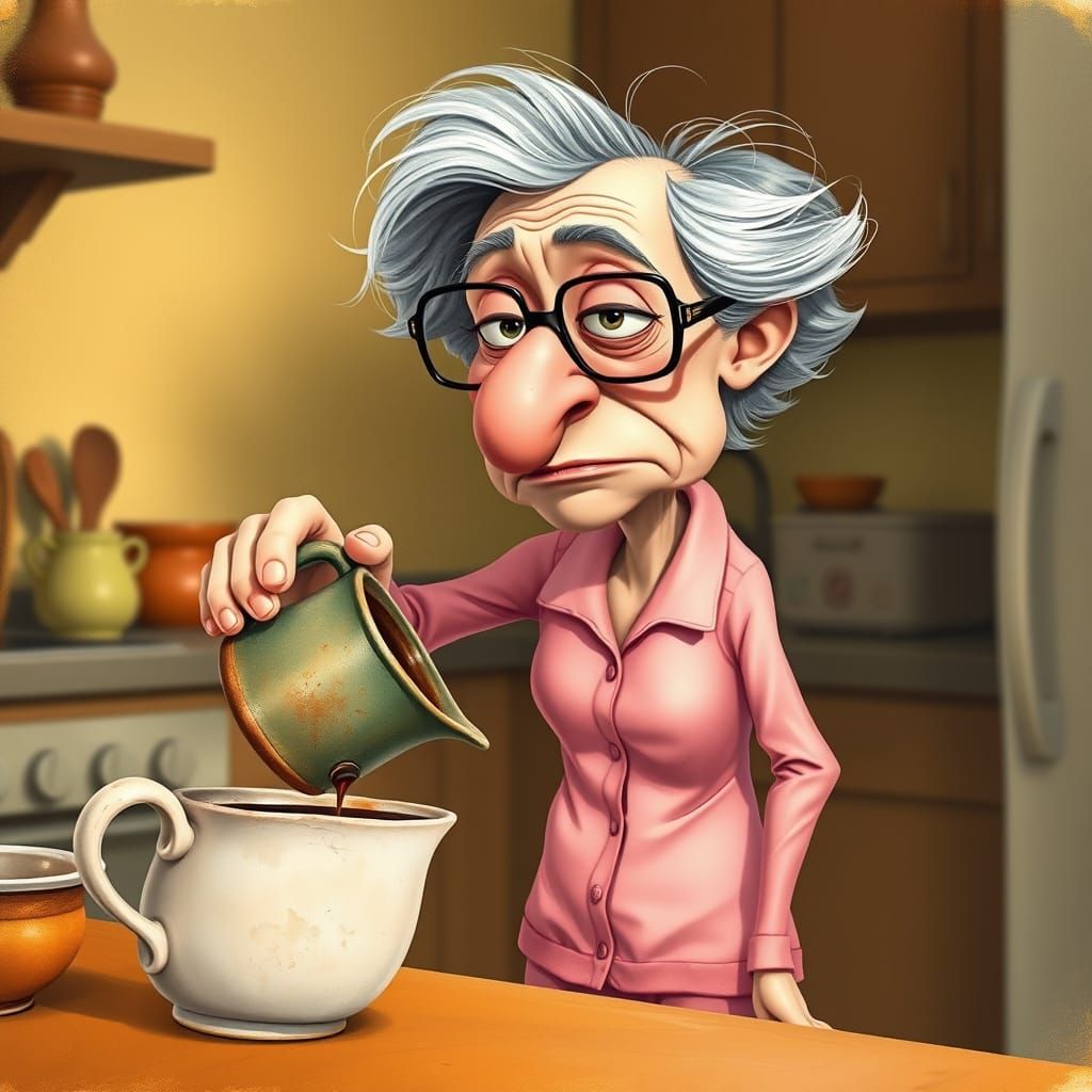 Grumpy Lady Sips Morning Coffee in Cozy Kitchen
