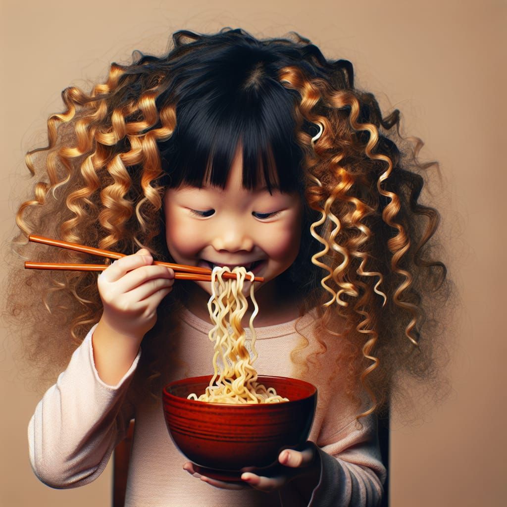 Girl Eats Noodles and Hair with Chopsticks