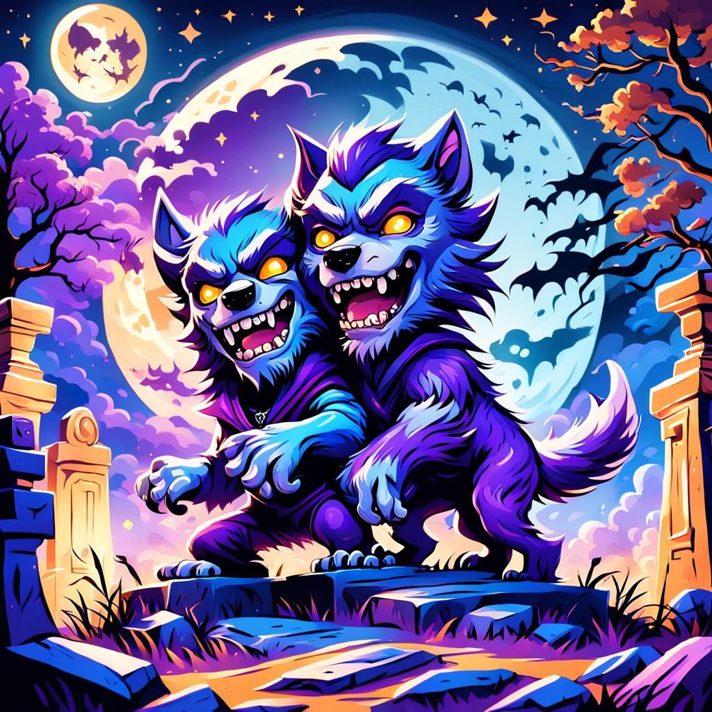 Chibi Werewolf and Vampire Play in Graveyard