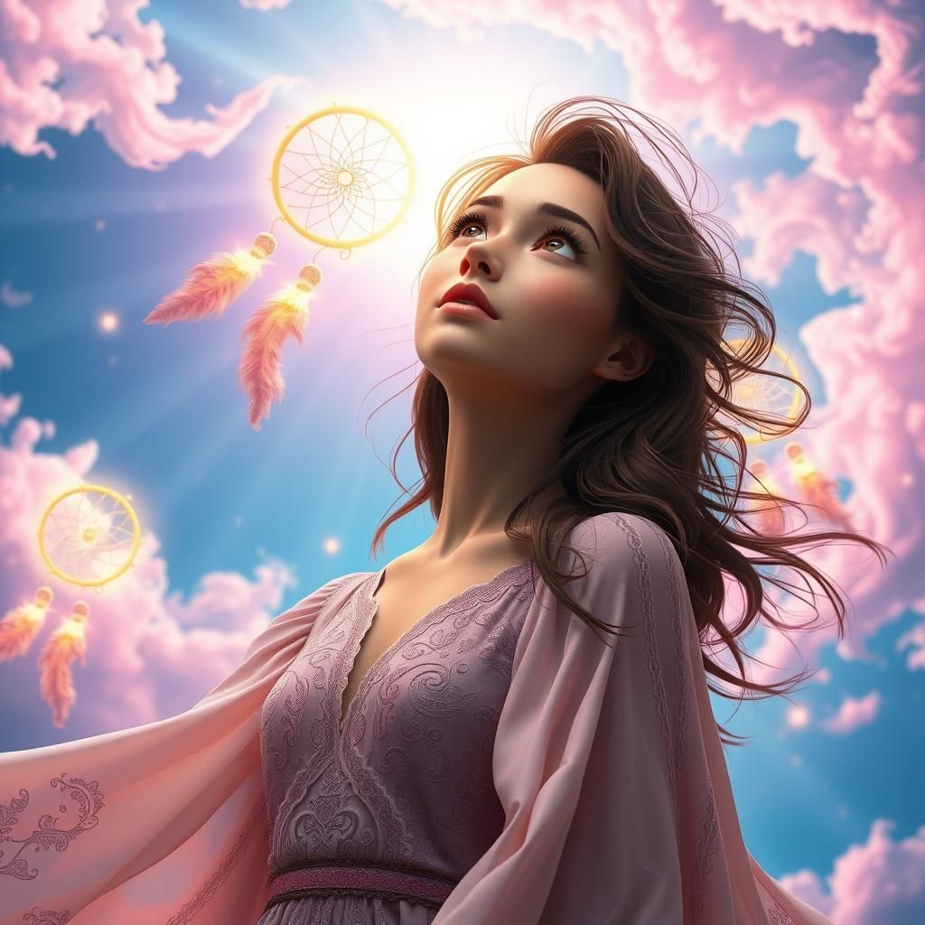 Dreamy Woman Gazing at Ethereal Sky as Digital Art