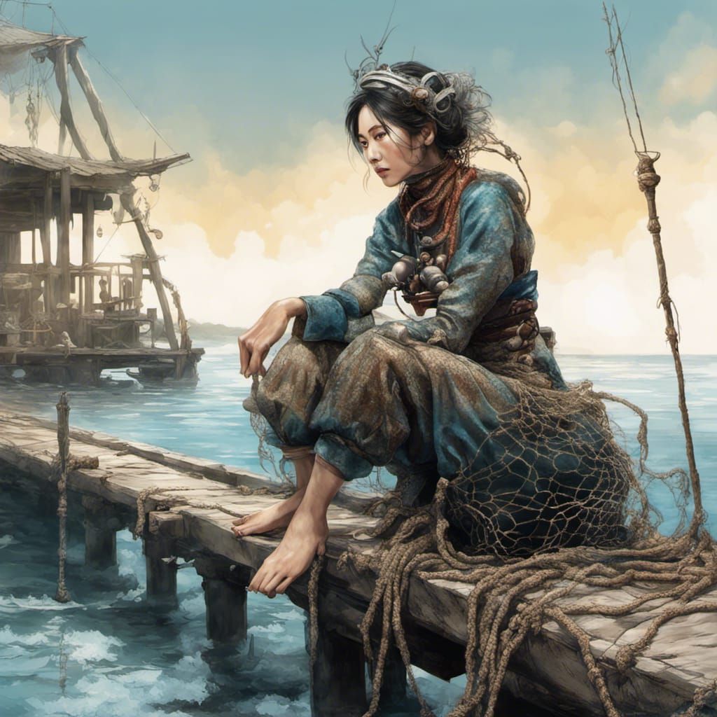 Japanese Woman in Diving Gear on Pontoon, Splash Art