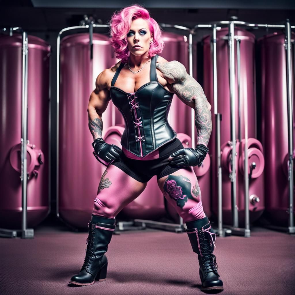 Female Bodybuilder in Pink Leather: Wide-Angle Shot