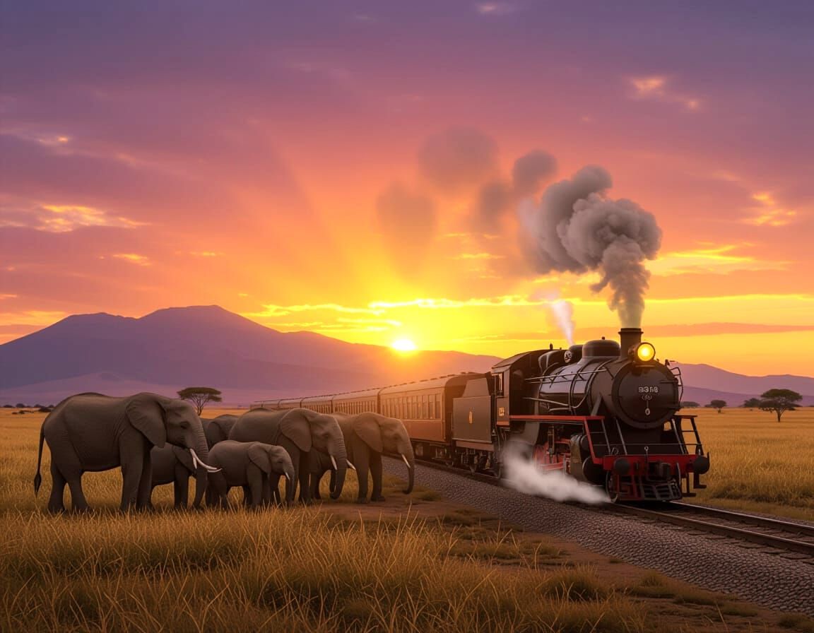 Elephants Watch Steam Train at Sunset