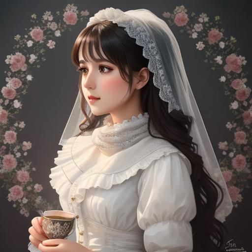 Victorian Bride with Ruffled Scarf in Digital Art