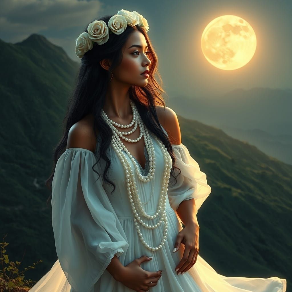 Ethereal Goddess Basking in Moonlit Embrace