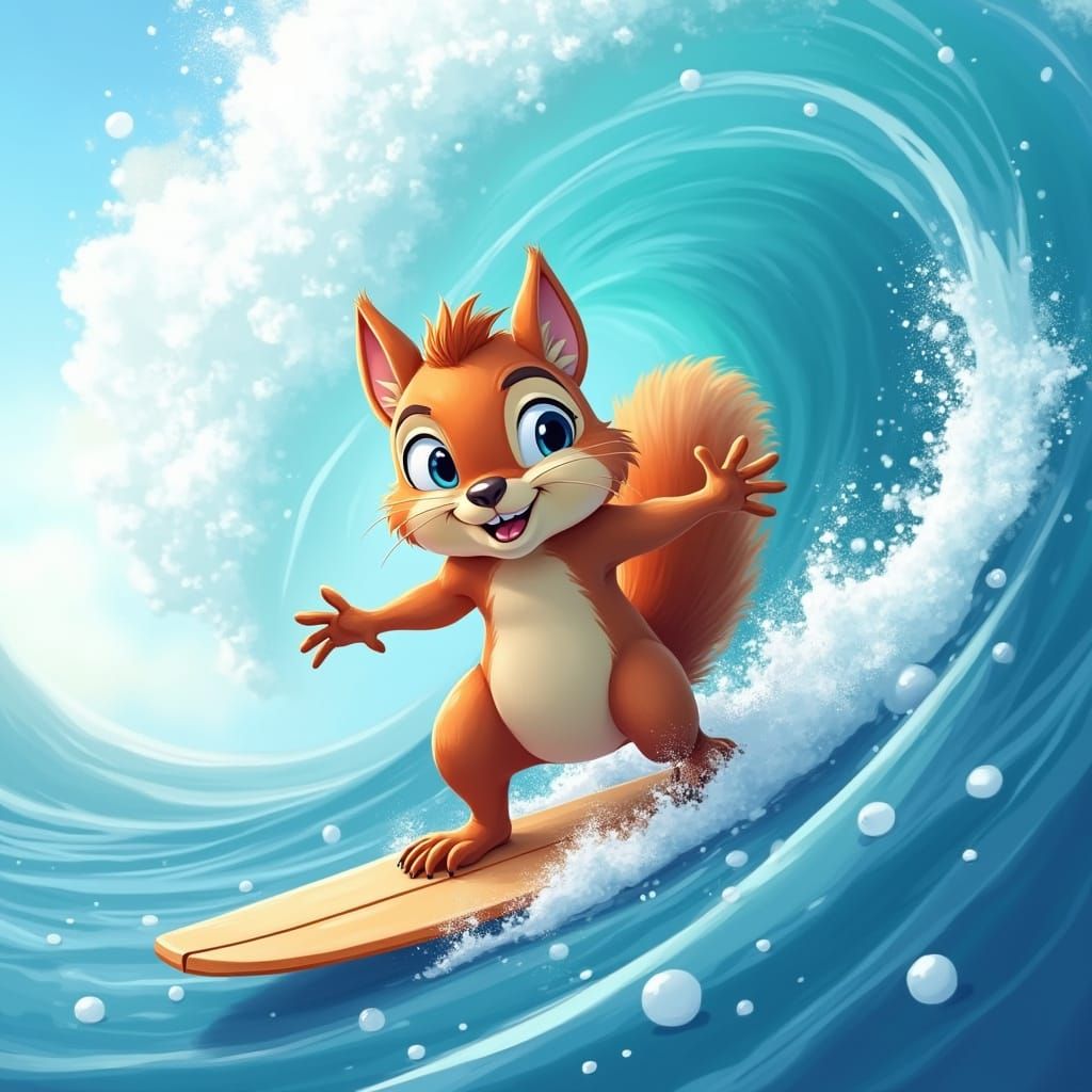 Squirrel Surfing a Big Wave Cartoon