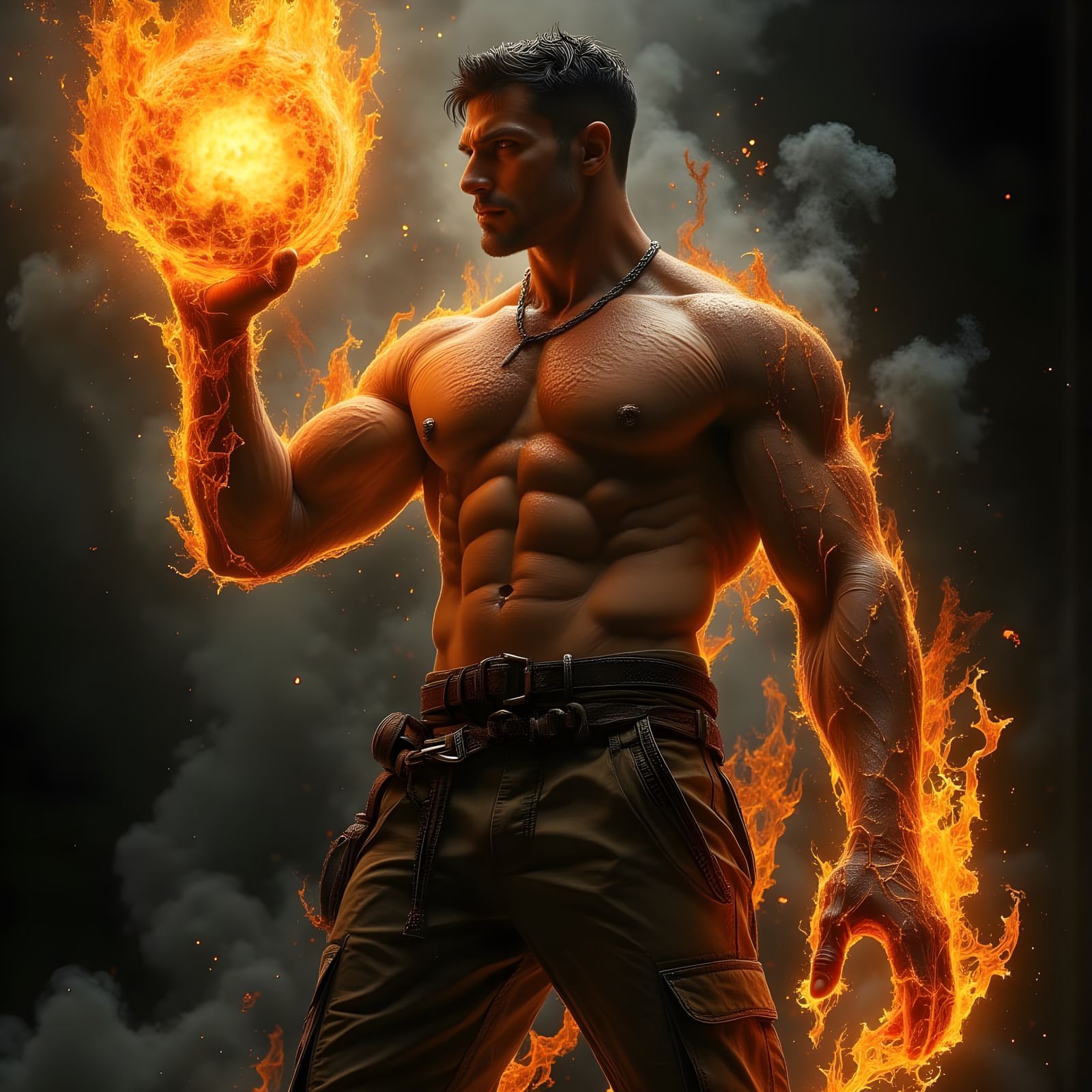 Fiery Torso: Muscular Man in Dark Oil Painting Style