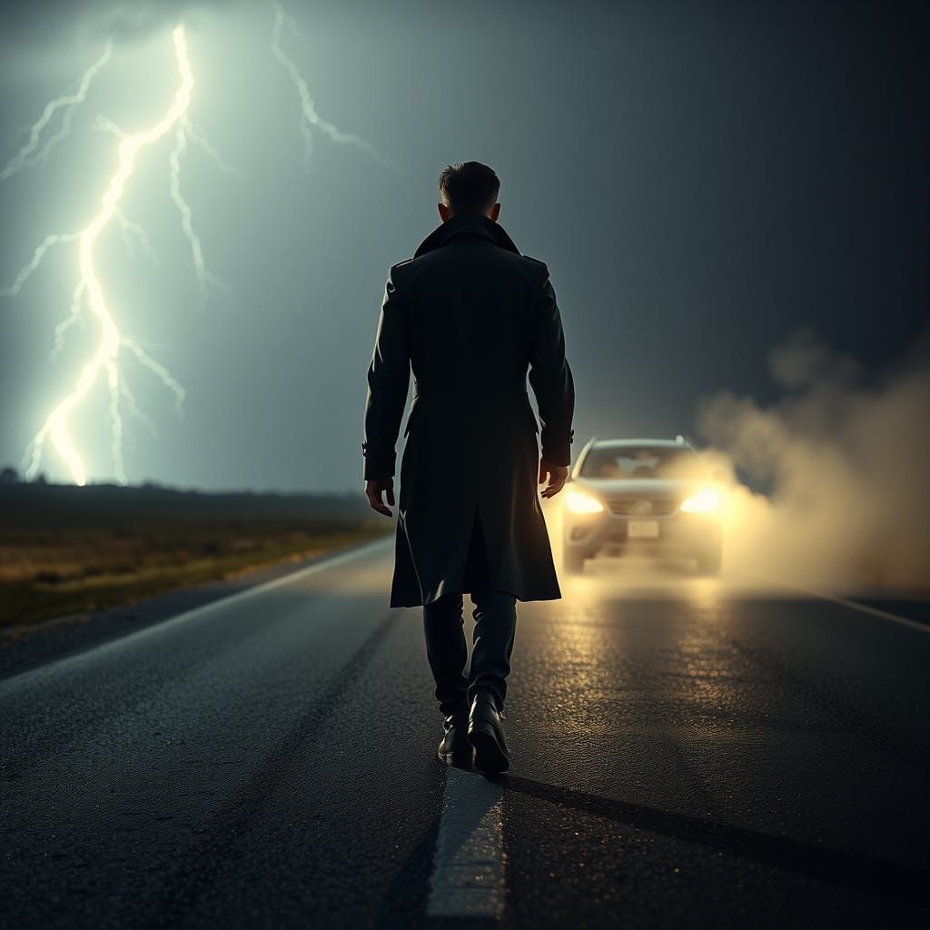 Nighttime Traveler on Deserted Road in Cyberpunk Style