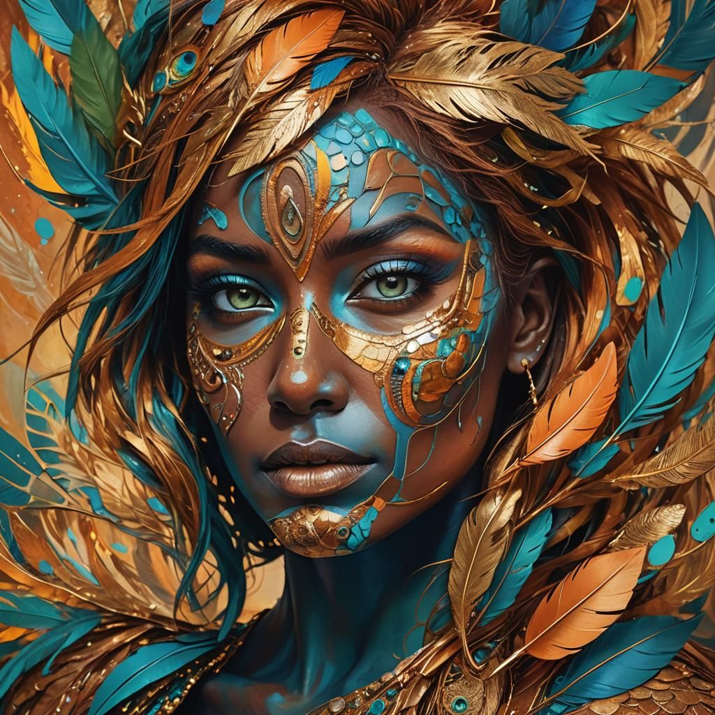 Abstract Portrait: Metallic Woman with Feathers