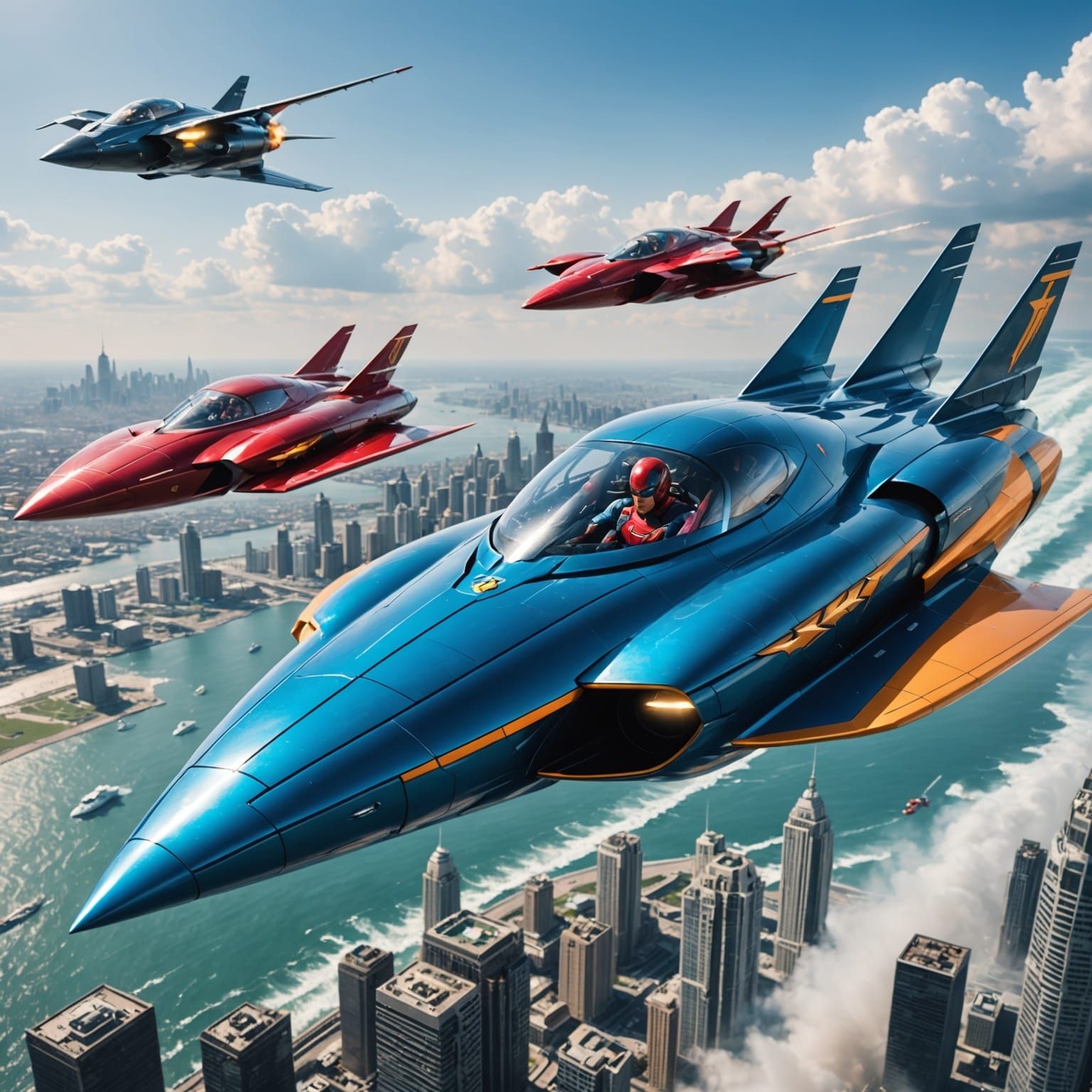 Superheroes Fly Over Sea Towards Futuristic City