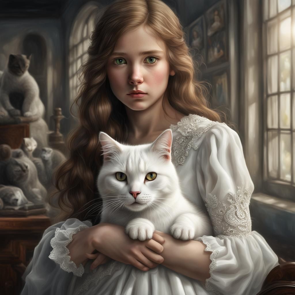 Woman in White Dress Holding Cat, Digital Art