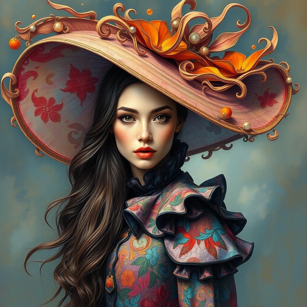 High Fashion Woman with Flowing Hat as Impasto Painting