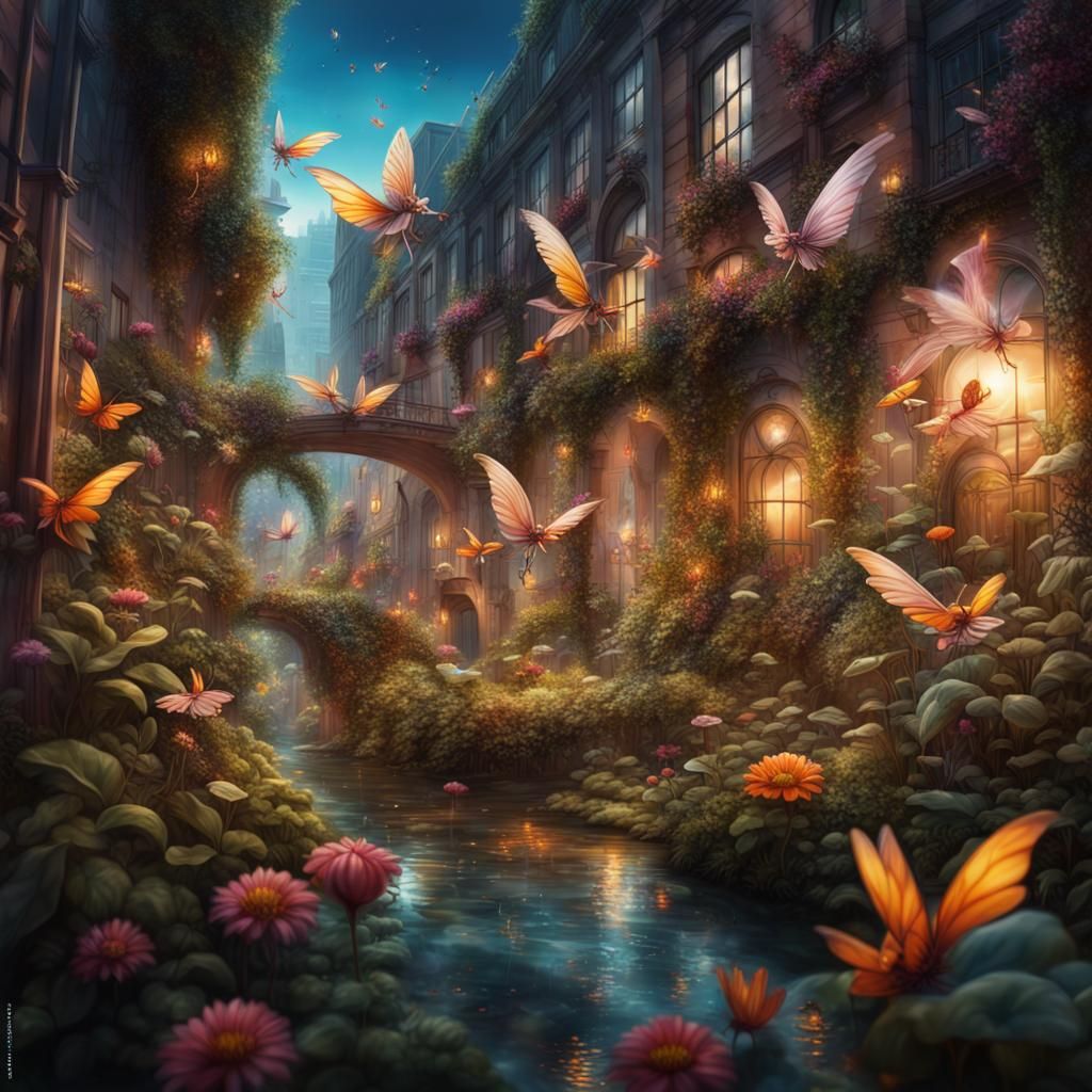 Fantasy Urban Garden with Fairies, Hyperrealistic Splash Art
