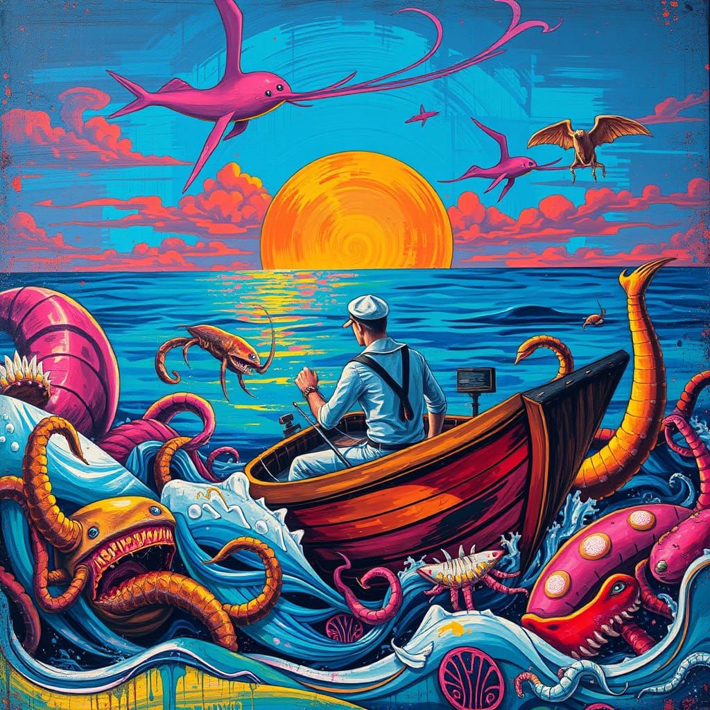 Sailor's Graffiti Voyage Under Kaleidoscopic Sunset