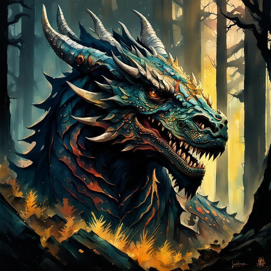 Majestic Dragon in Dark Forest, Gouache Watercolor Style