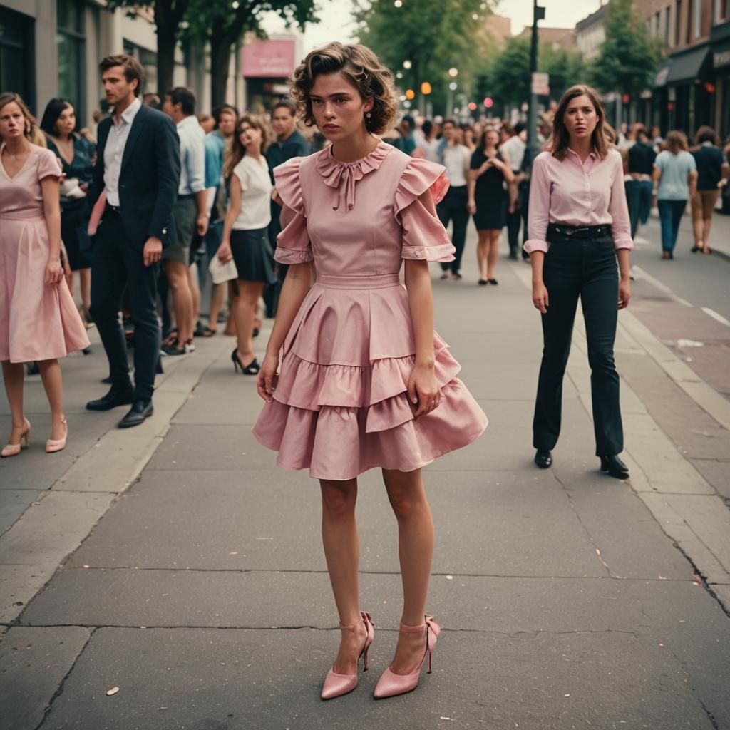 Boy in Pink Dress on Sidewalk: Cinematic Film Still