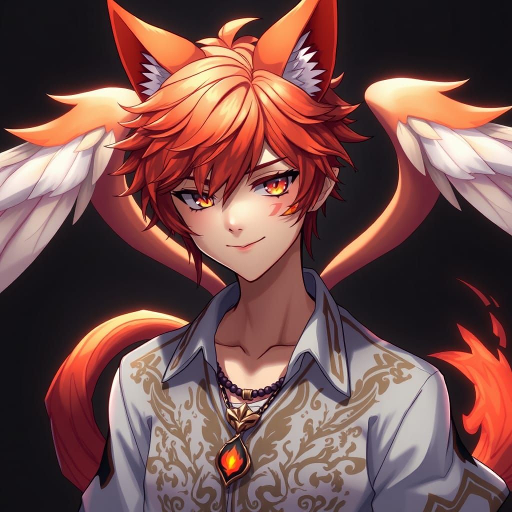 Fiery Anime Boy with Cat Features and Wings
