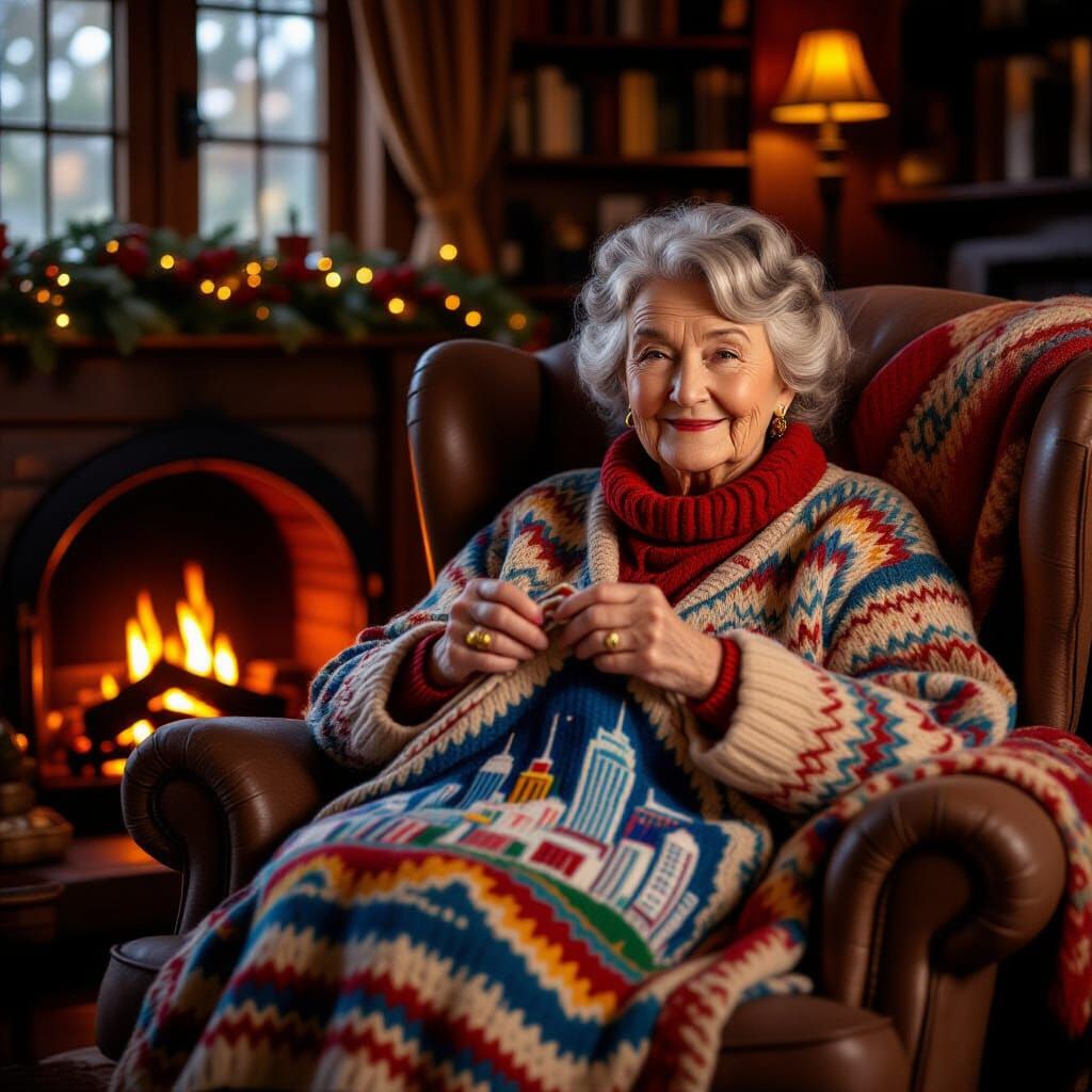 Elderly Woman Knits Futuristic Tapestry by Fireplace