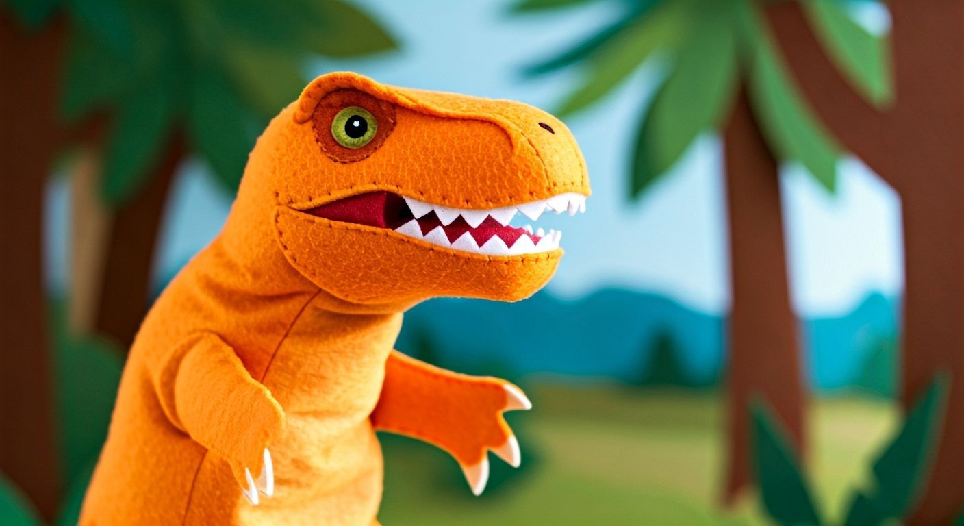 Friendly Orange Felt Dinosaur Puppet in Jungle