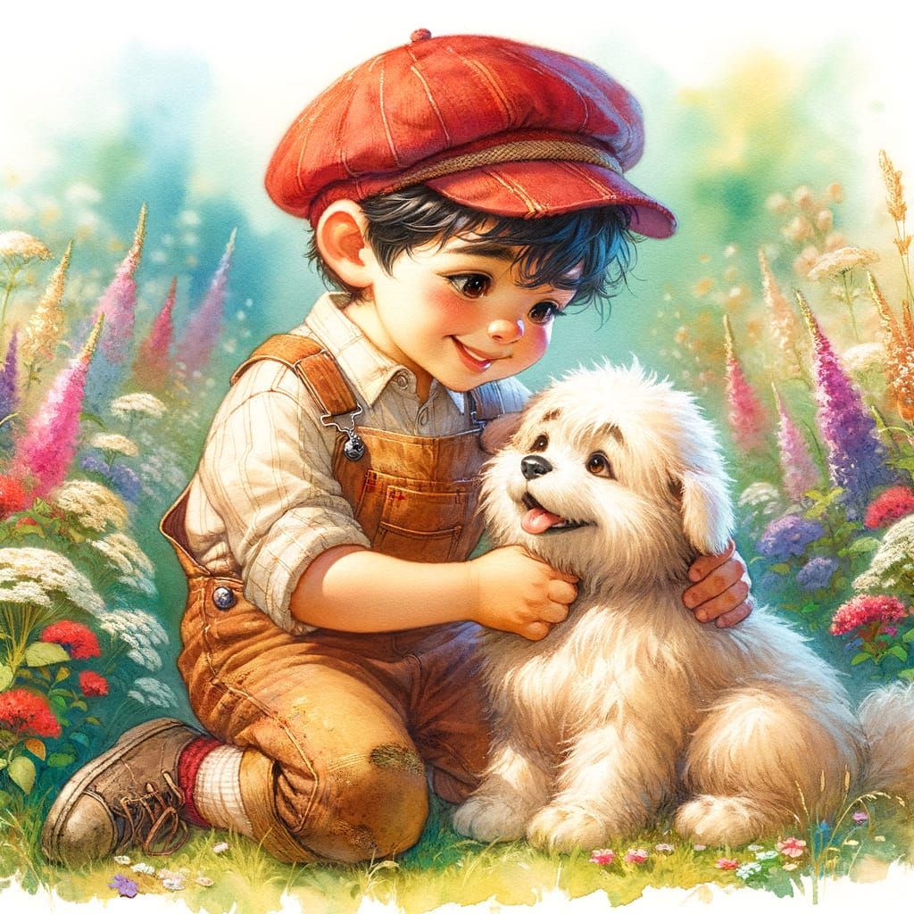 Charming South-Asian Boy and Loyal Sheepdog in a Vibrant Wil...