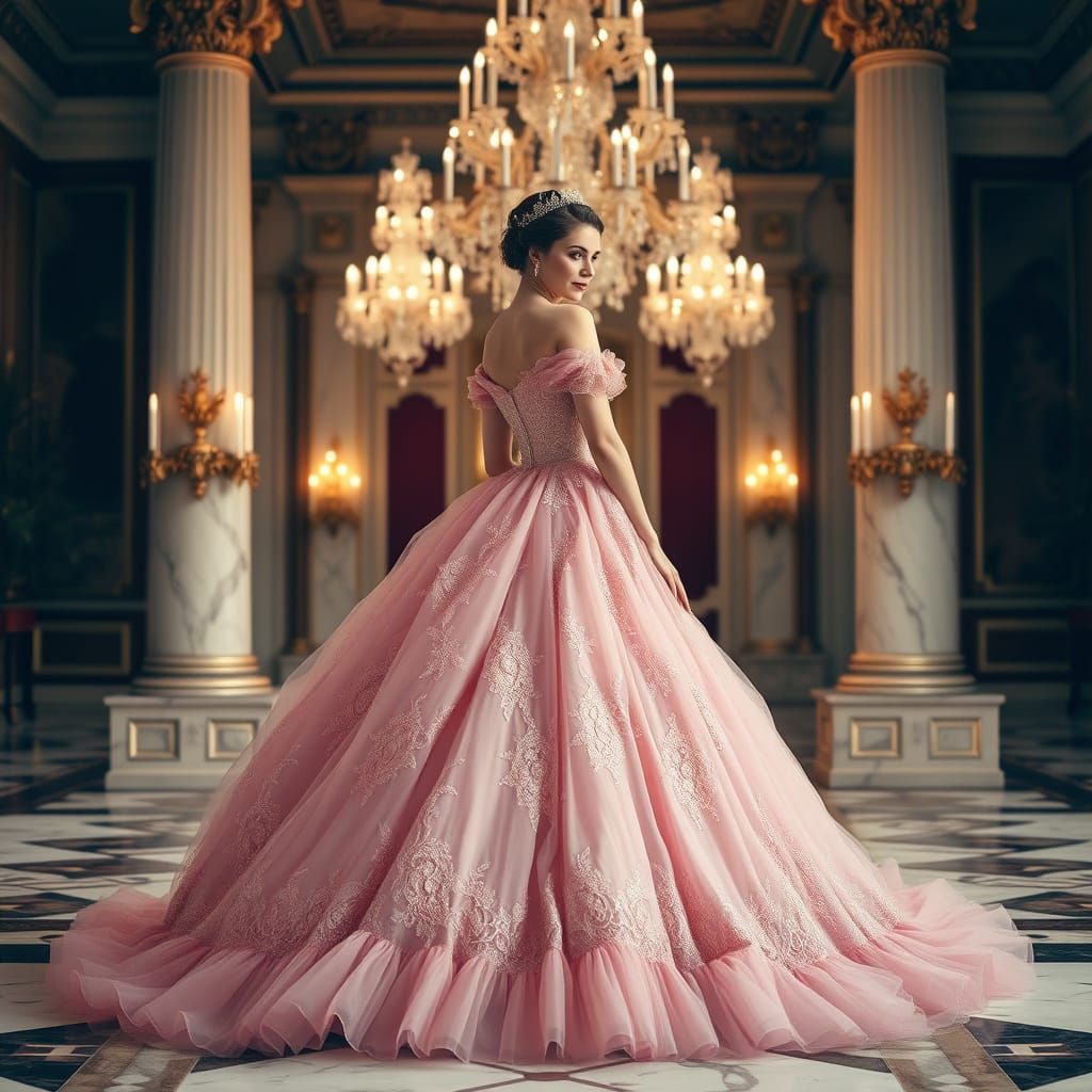 Elegant Woman in Lavish Pink Ballgown
