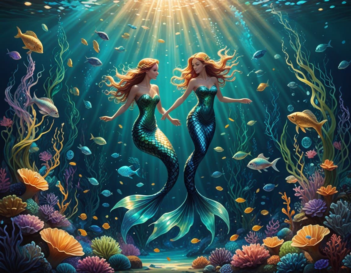 Ethereal Mermaids Dance in Vibrant Oceanic Hues
