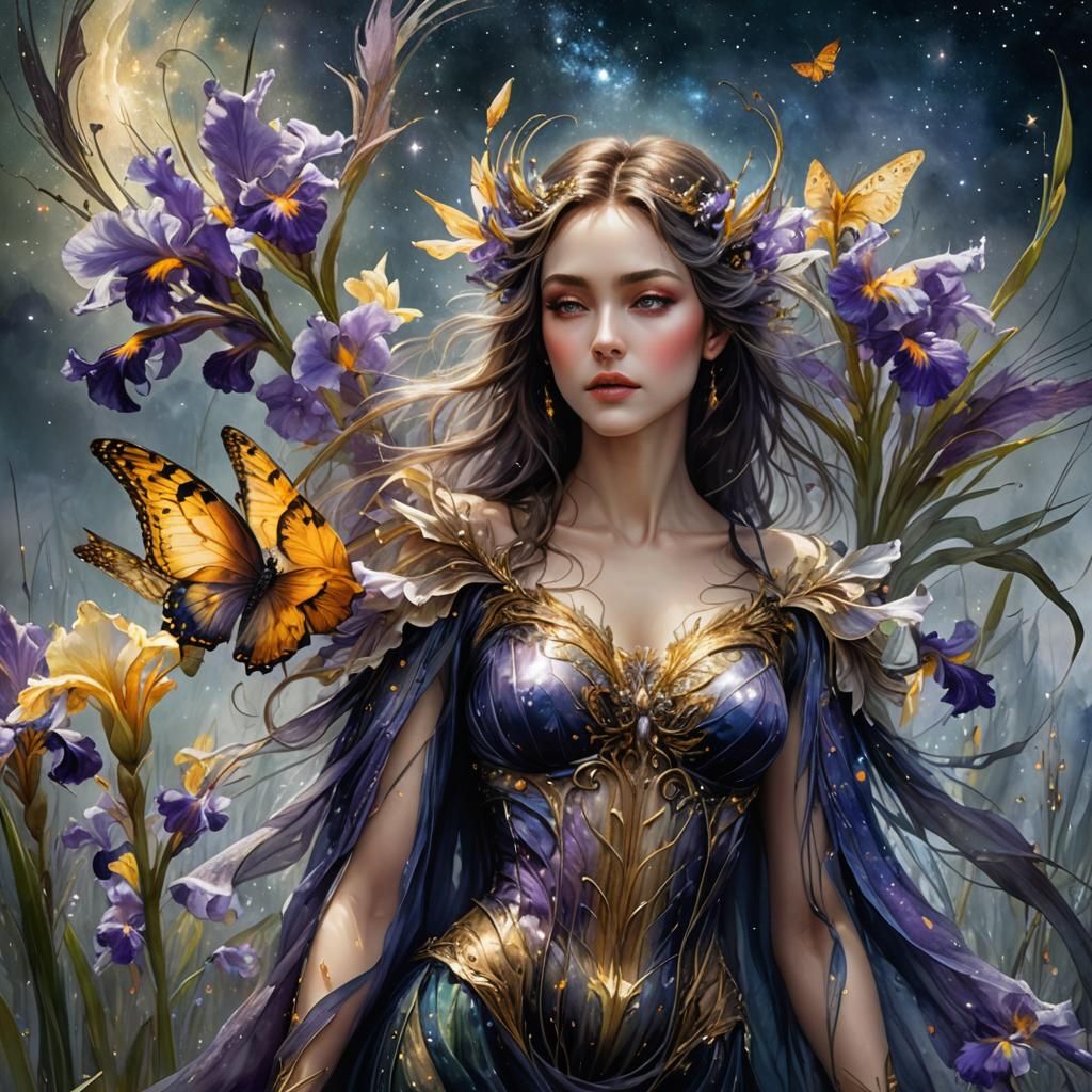 Blooming Irises and Butterfly Wings in Watercolor