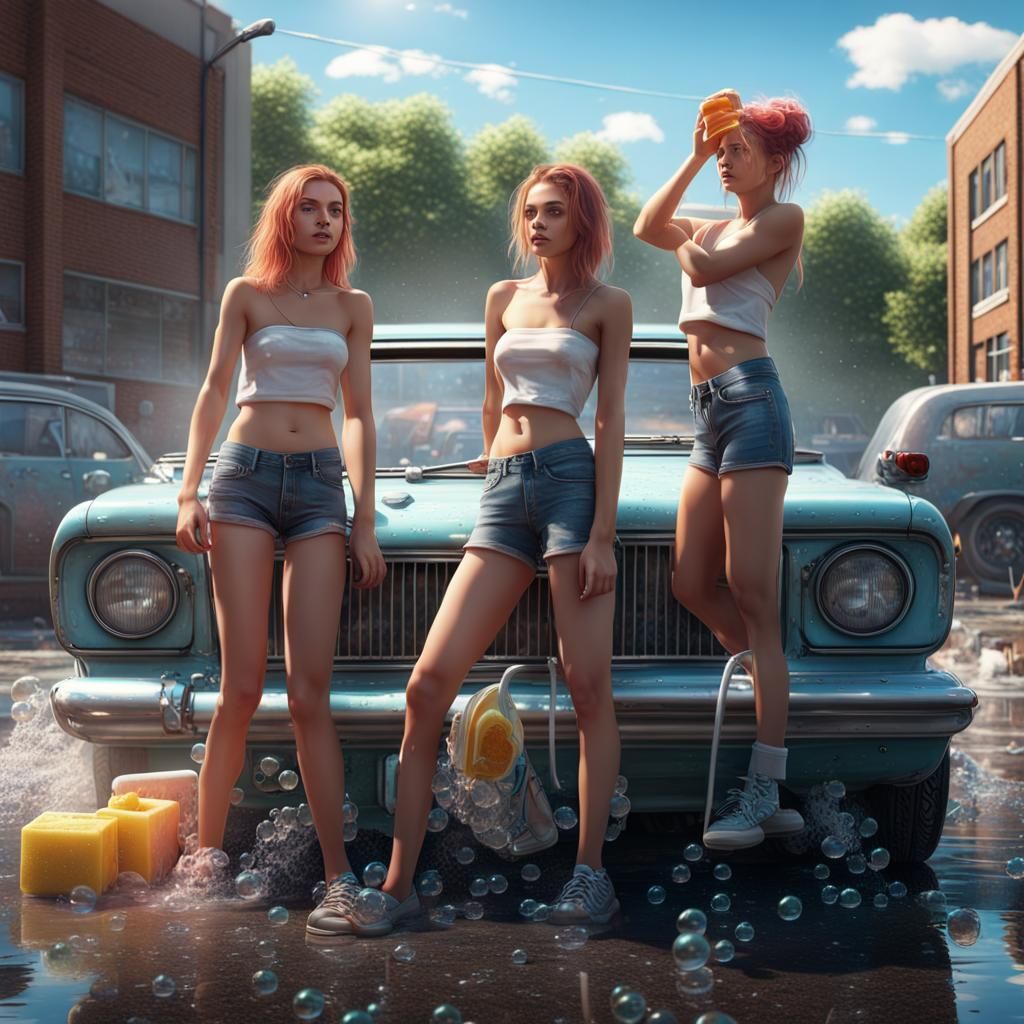 Teenage Car Wash: Detailed Digital Painting