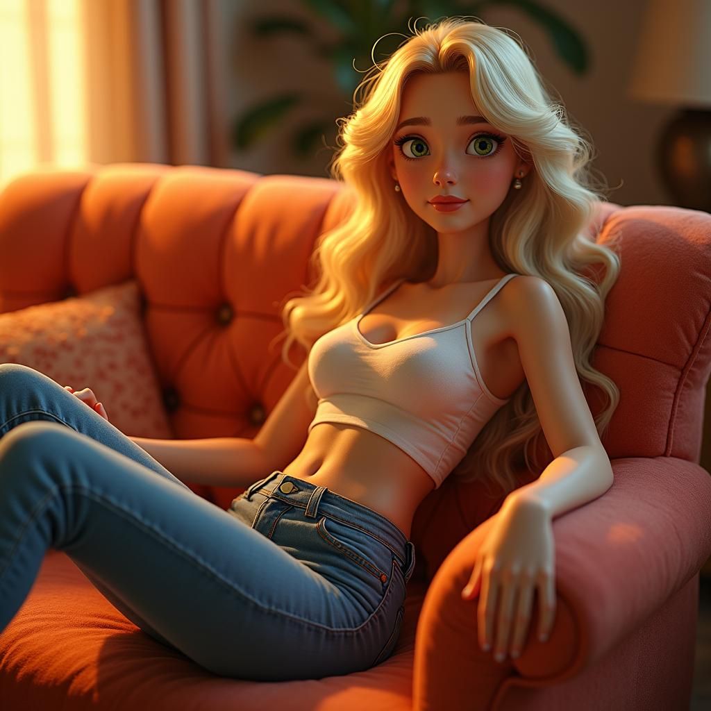 Golden Haired Woman Lounging, Disney Animation Style
