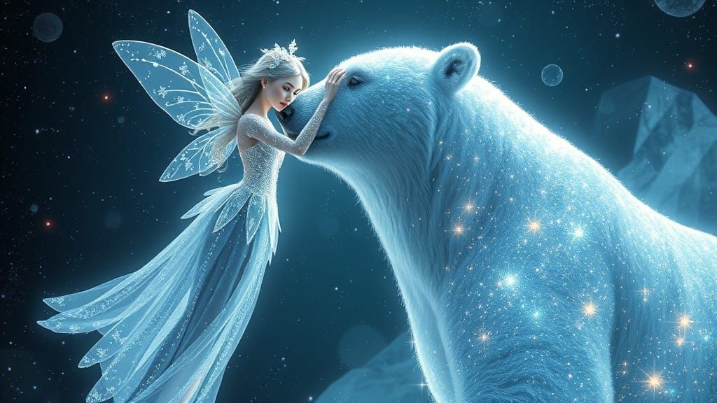 Celestial Christmas Fairy Touches Majestic Polar Bear's Head...
