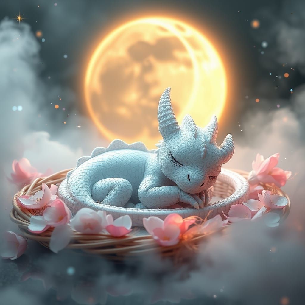 Sleeping White Dragon in Dreamy Crescent Moon Scene