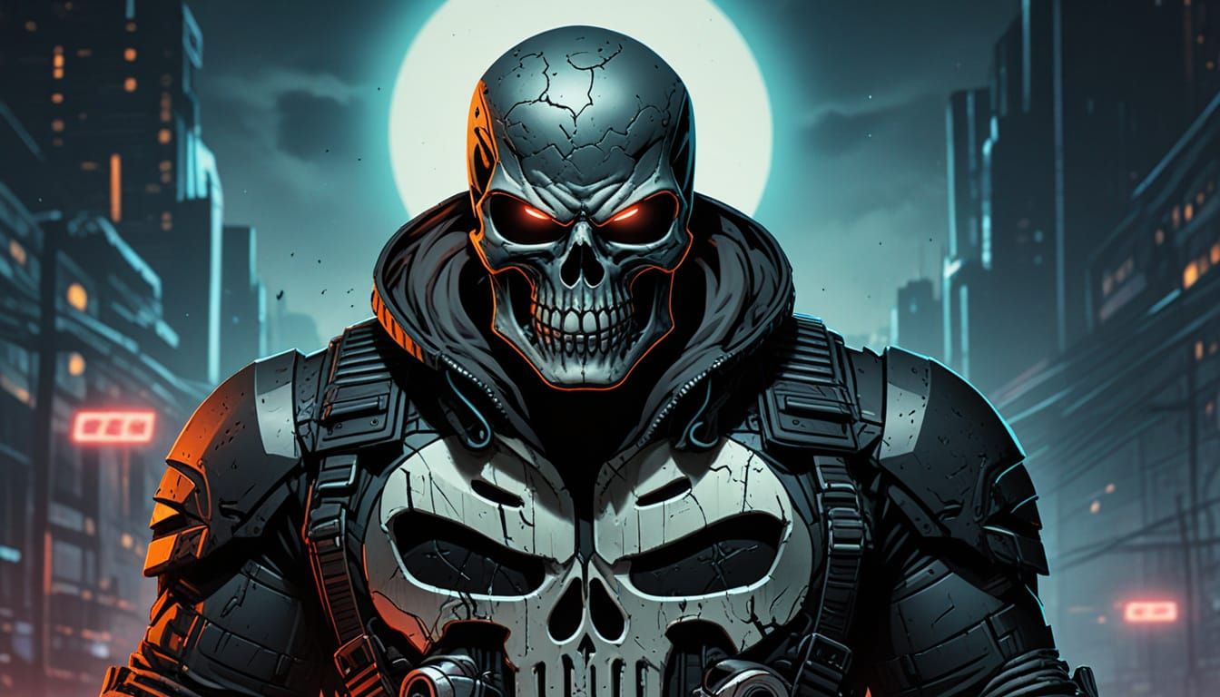 Cyberpunk Skull Emblem in Retro Comic Book Style