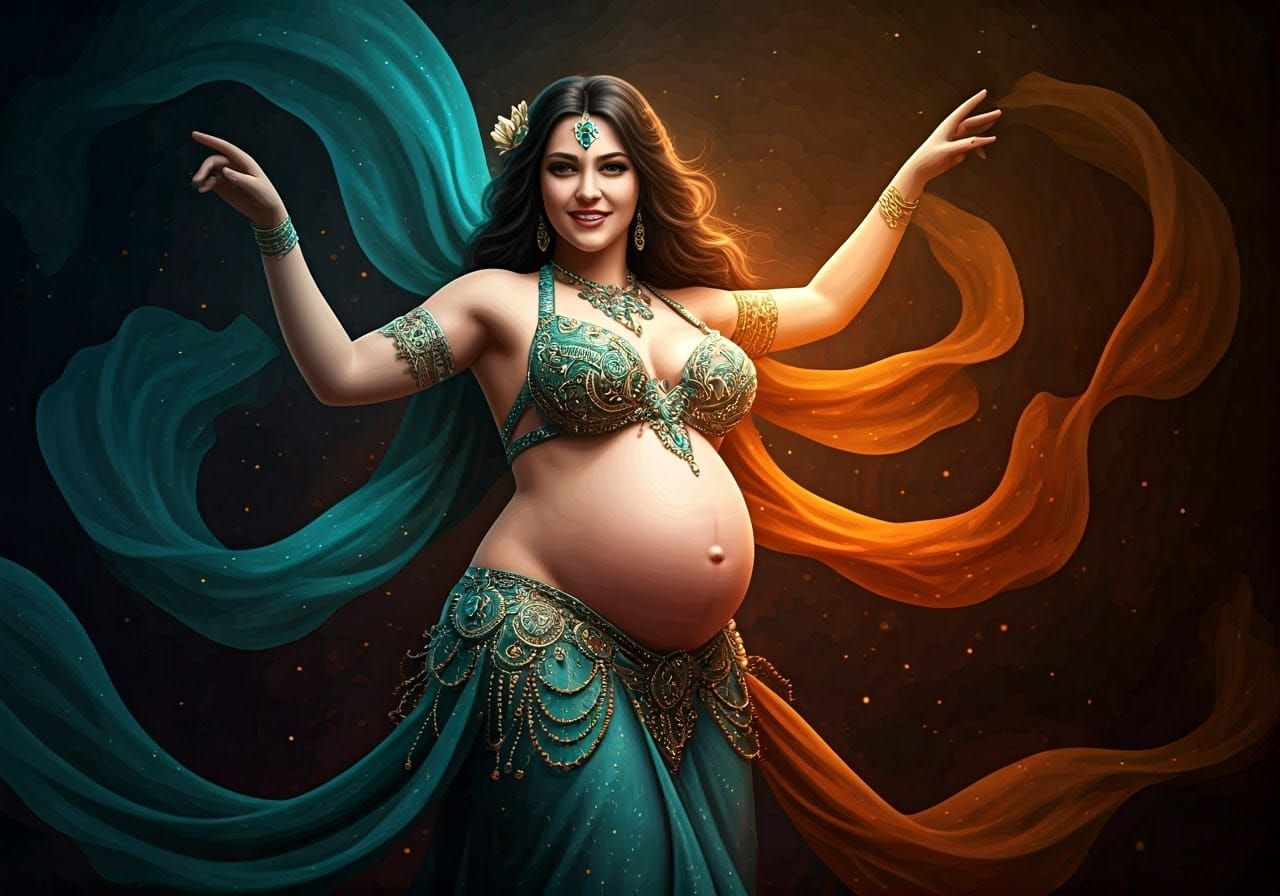 Radiant Pregnant Belly Dancer in Fantasy Illustration Style