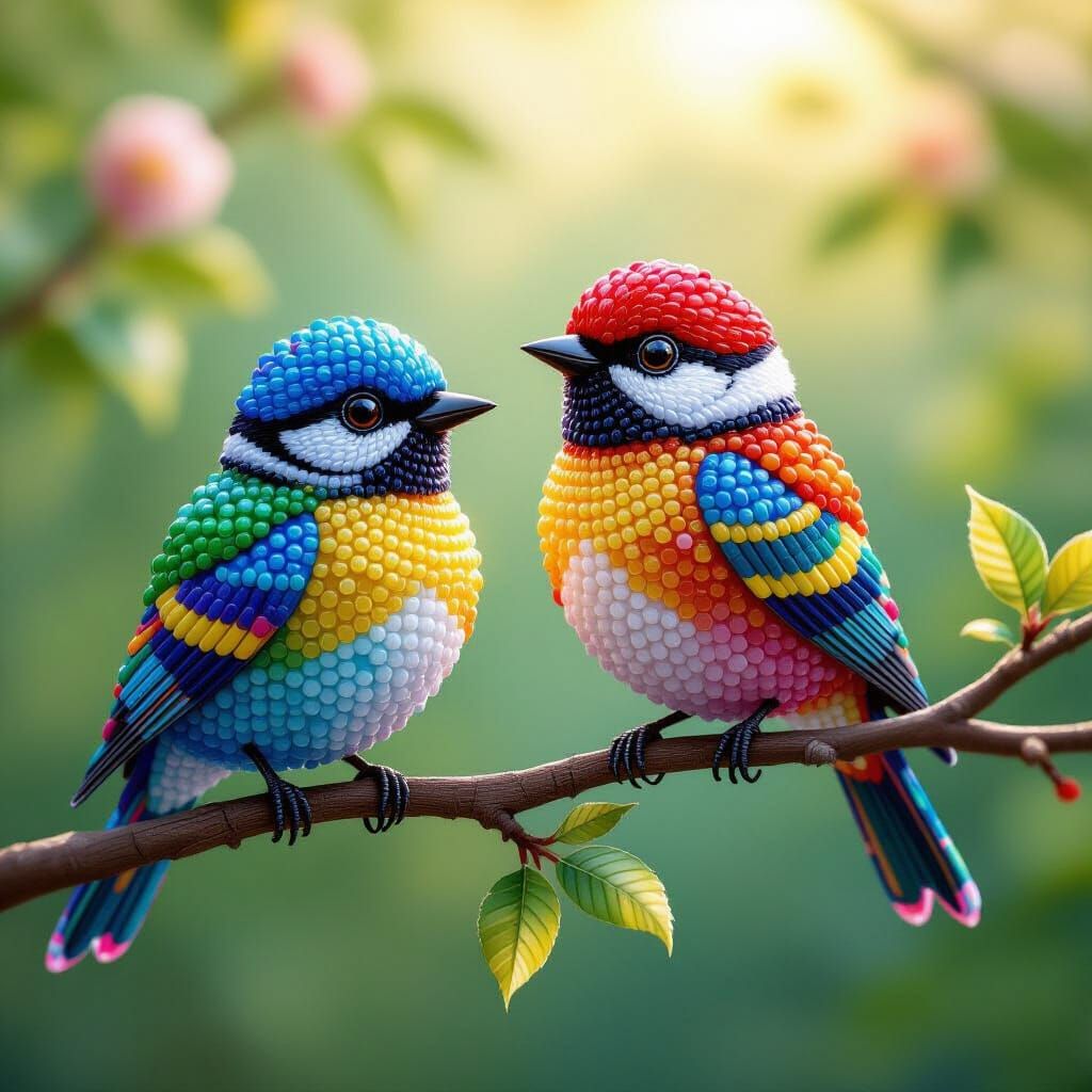 Colorful Beaded Birds in Hyper-Realistic 3D Style