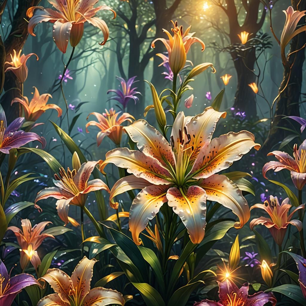 Blooming Lily in Mystical Forest: Art Nouveau Style
