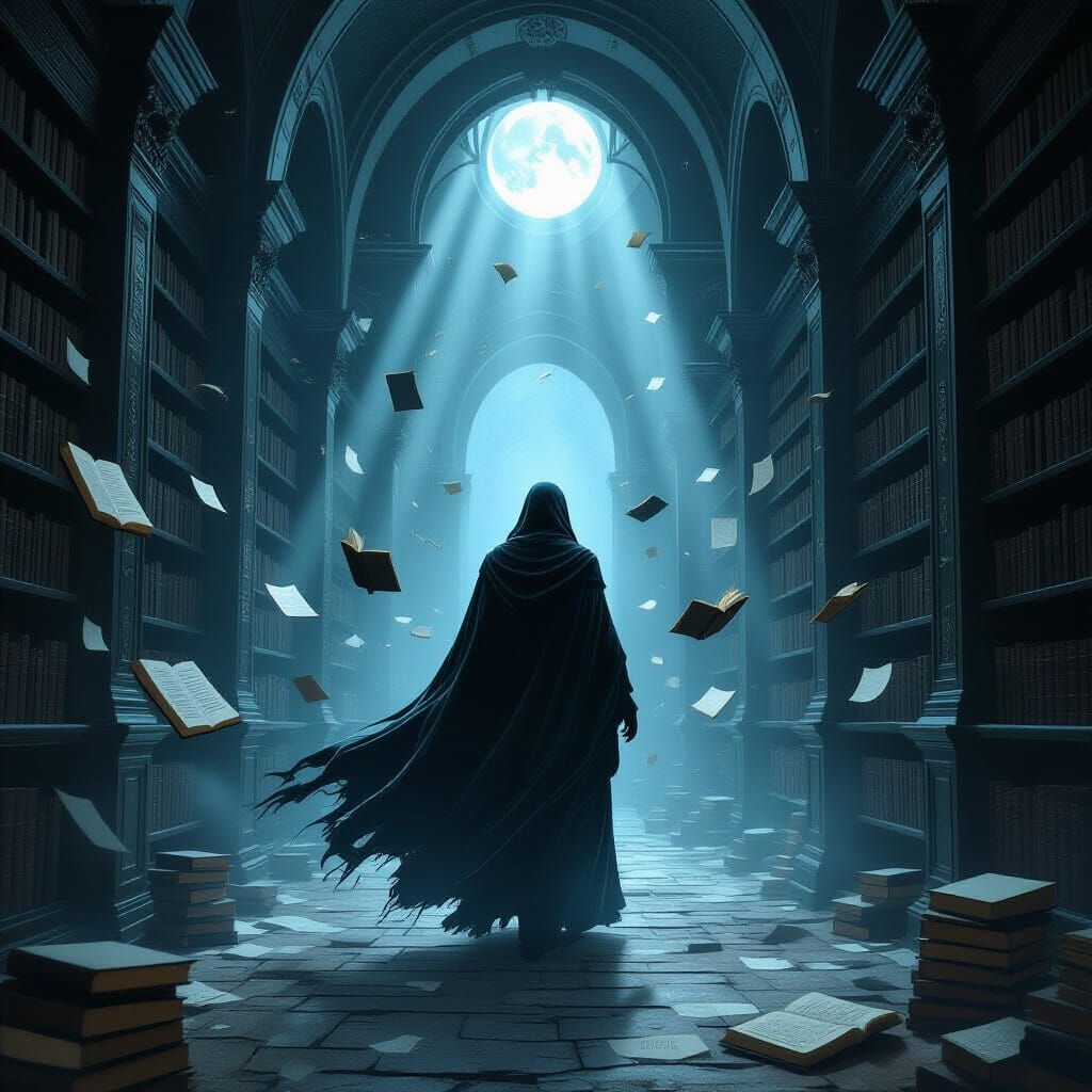 Ethereal Librarian in Cosmic Library of Floating Books