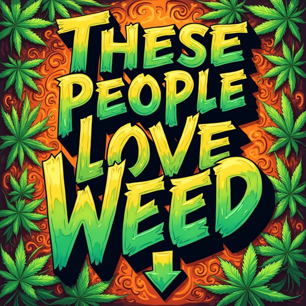 Psychedelic Wallpaper with Marijuana Leaves and Bold Cursive...