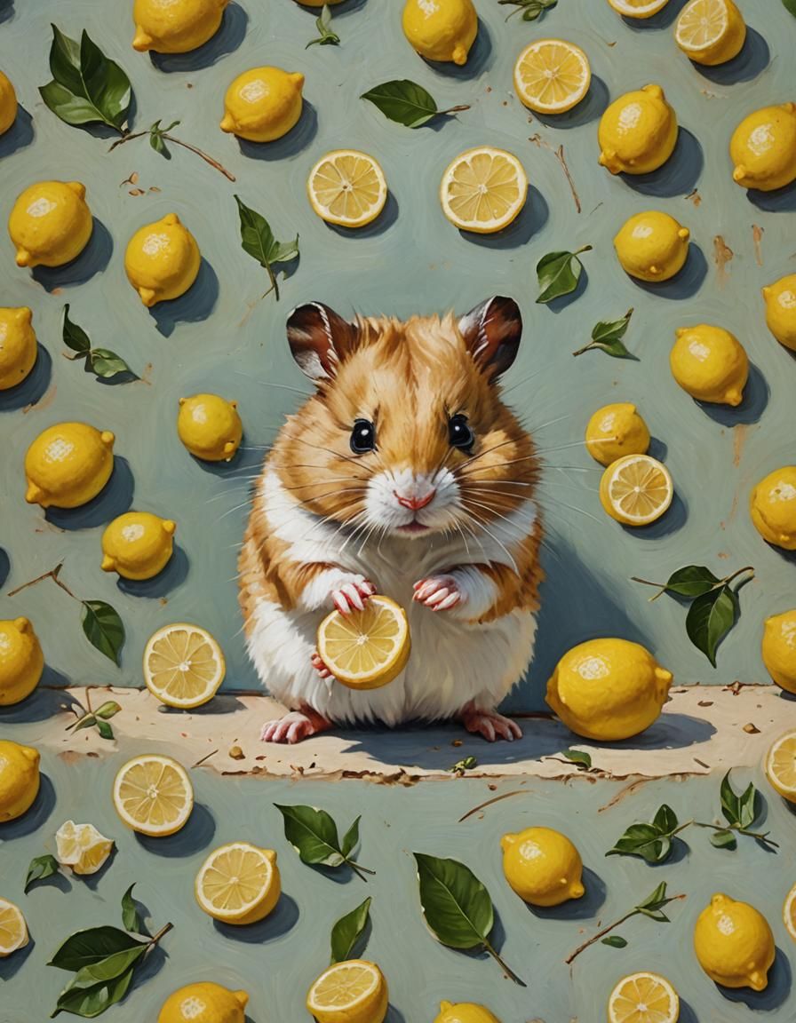 Hamster Enjoys Lemon Pie: Oil Painting