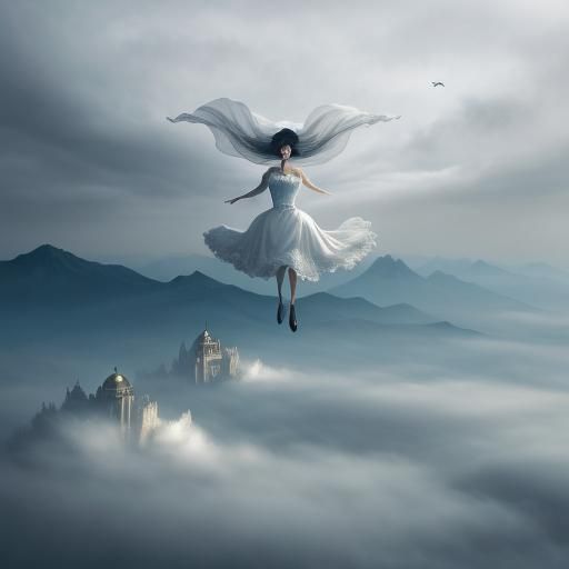 Surreal Woman Floating in Dreamlike Cloudscape