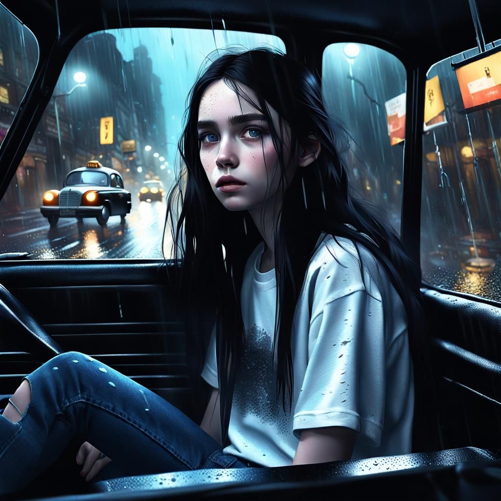 Girl in Cab on Rainy Night: Fantasy Concept Art