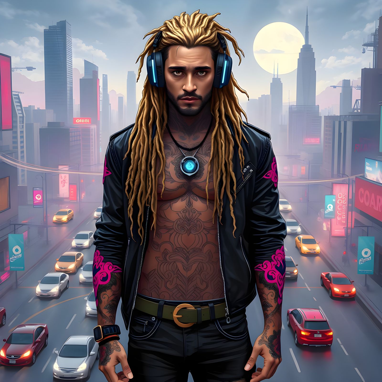 A front view , handsome Cyberpunk living in the year 4099, guy with long blonde dreadlocks on his head, tattoos, wearin...