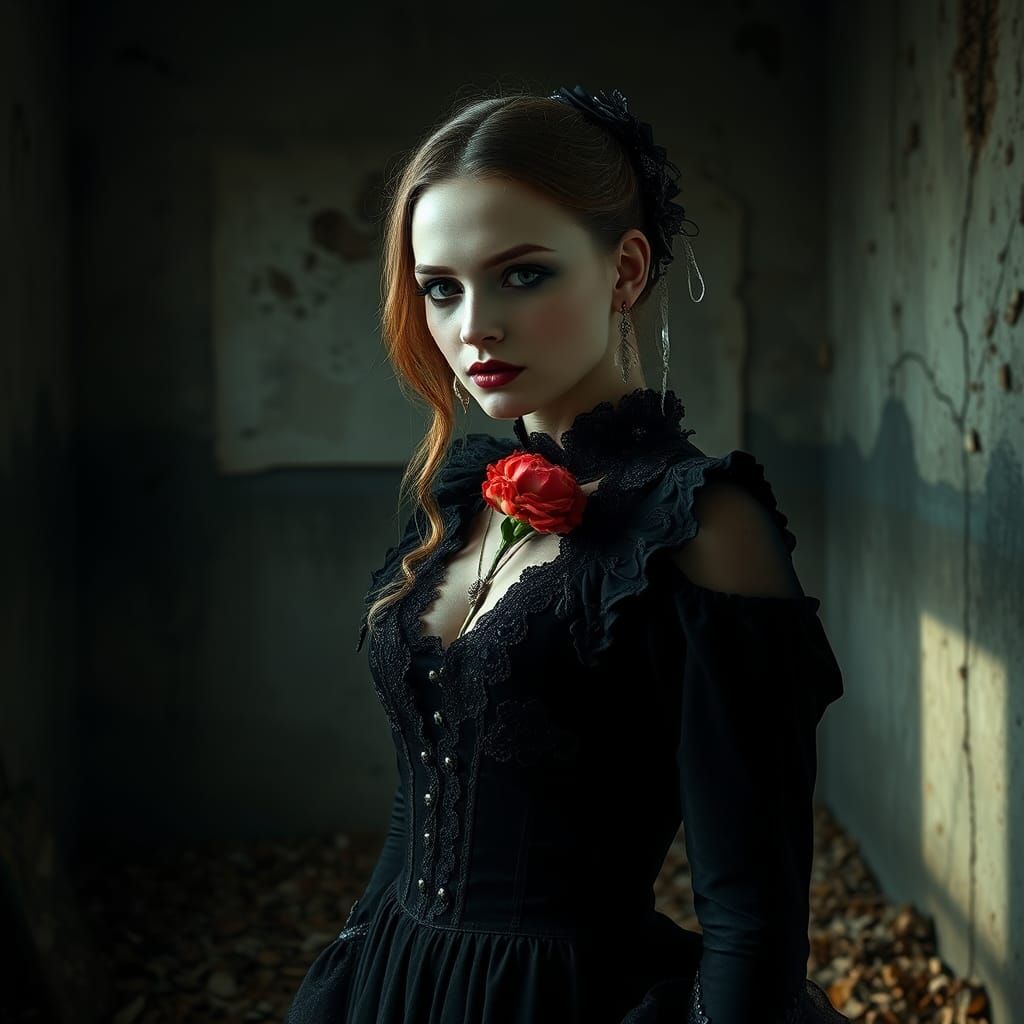 Elegant Gothic Woman in Decaying Victorian Setting