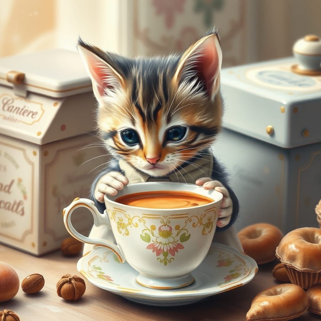 Kitten's Coffee Break: A Whimsical Watercolor